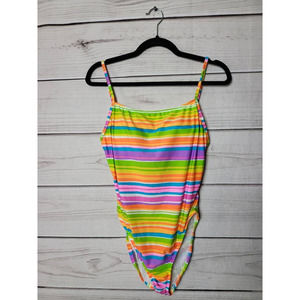 Surfside Womens One Piece Swimsuit Multicolor Stripe Built In Bra Square Neck‎ L